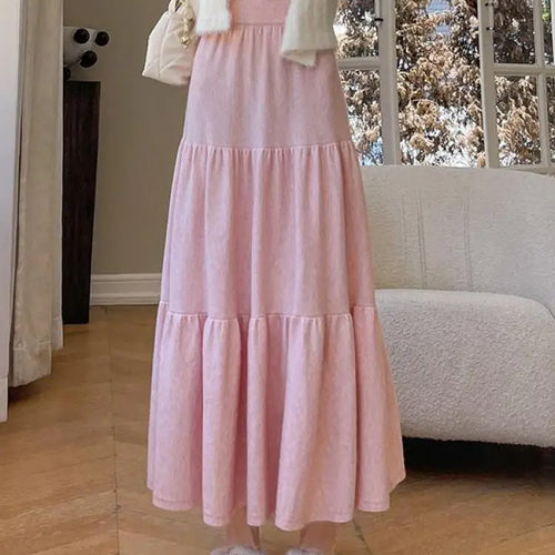 Load image into Gallery viewer, Vintage Women Solid High Waist Versatile Pleated A-line Long Skirts 2024 Autumn Winter French Sweet Cake Knit Skirt Streetwear
