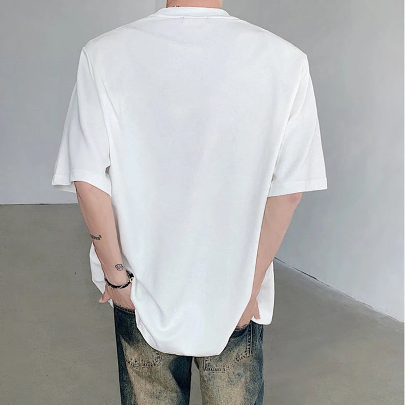 Simple Casual Male Top New Chinese Style Knot Buckle Design Shoulder Pad Short Sleeve T-shirt Trendy Solid Color C6001