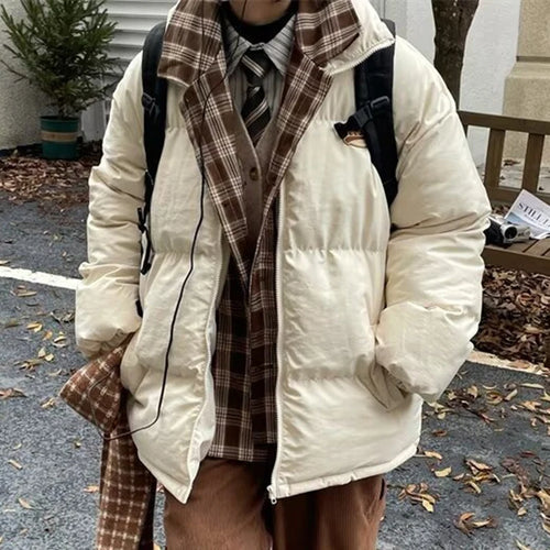 Load image into Gallery viewer, Korean Style Men&#39;s Padded Jackets Letter Printing Plaid Patchwork Fake Two-piece Casual Tops Lapel Cotton Coats Tide 9C9283
