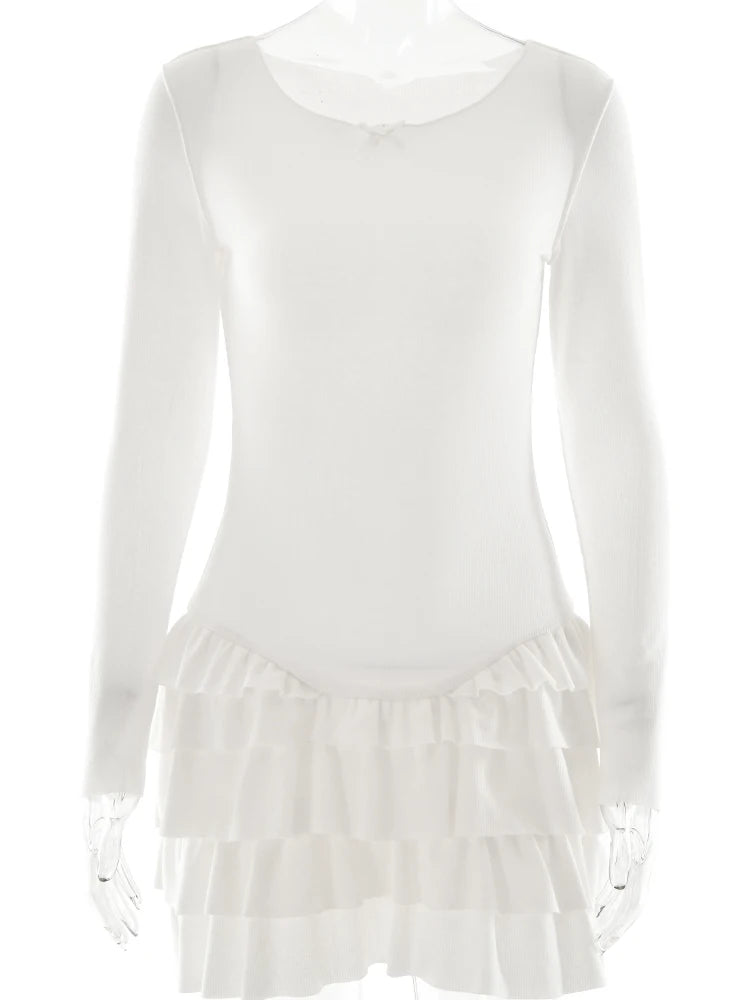 Fashion Long Sleeve Elastic Tight Cake Skirt Dress Women Bodycon Round Neck Mini Short Autumn/Winter New Street Clothing