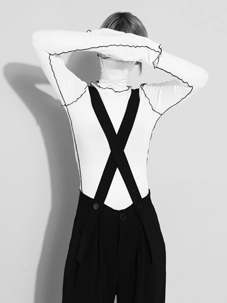 Women Black Topstitched Color-block High Elastic T-shirt New Turtleneck Long Sleeve Fashion Spring Autumn 2025 1DF4802