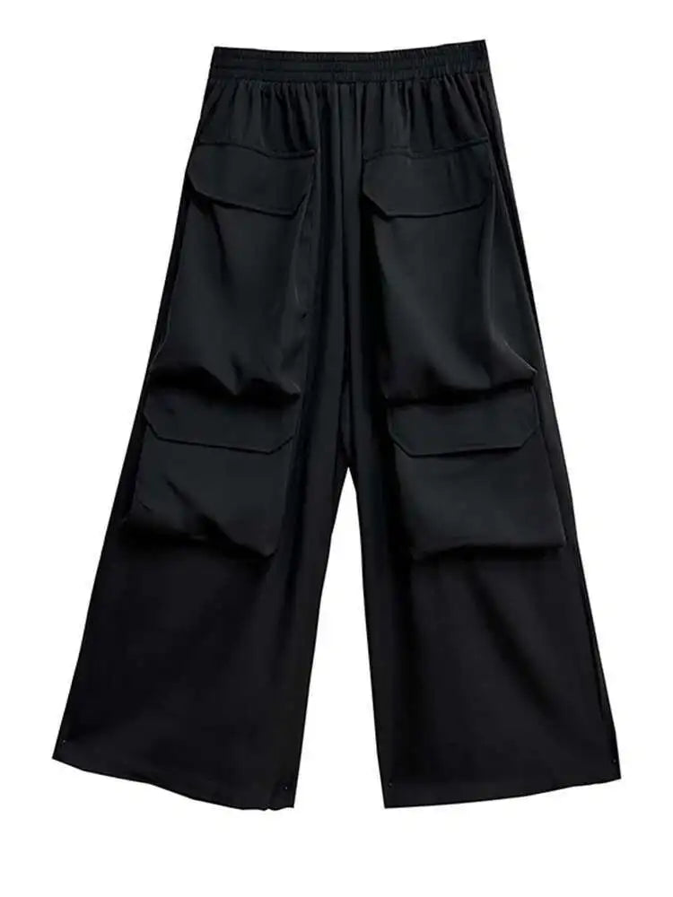 High Elastic Waist Black Pockets Casual Long Cargo Pants New Trousers Women Fashion Tide Spring Autumn 2025 1DH9216