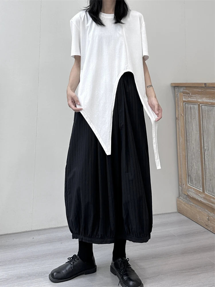 Women White Irregular Hem Big Size Casual T-shirt New Round Neck Short Sleeve Fashion Tide Spring Summer 2025 1DJ1676