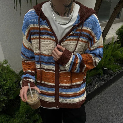 Load image into Gallery viewer, Y2k Aesthetic Vintage Thin Knitted Hooded Cardigan  Autumn Oversize Loose Stripe Women Sweater Zipper Harajuku Cardigans Femme
