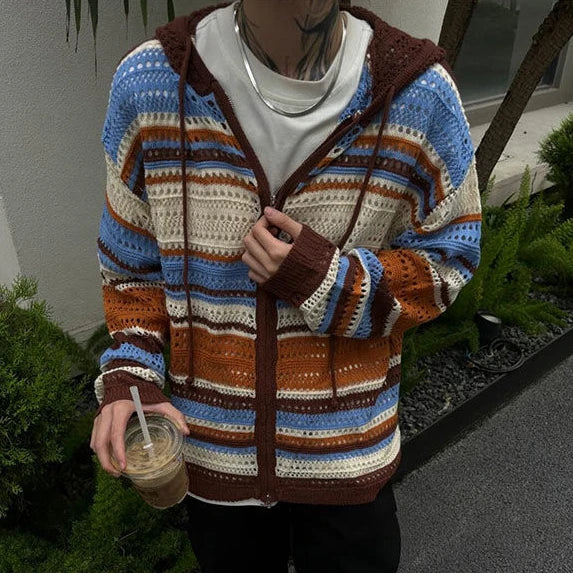 Y2k Aesthetic Vintage Thin Knitted Hooded Cardigan  Autumn Oversize Loose Stripe Women Sweater Zipper Harajuku Cardigans Femme