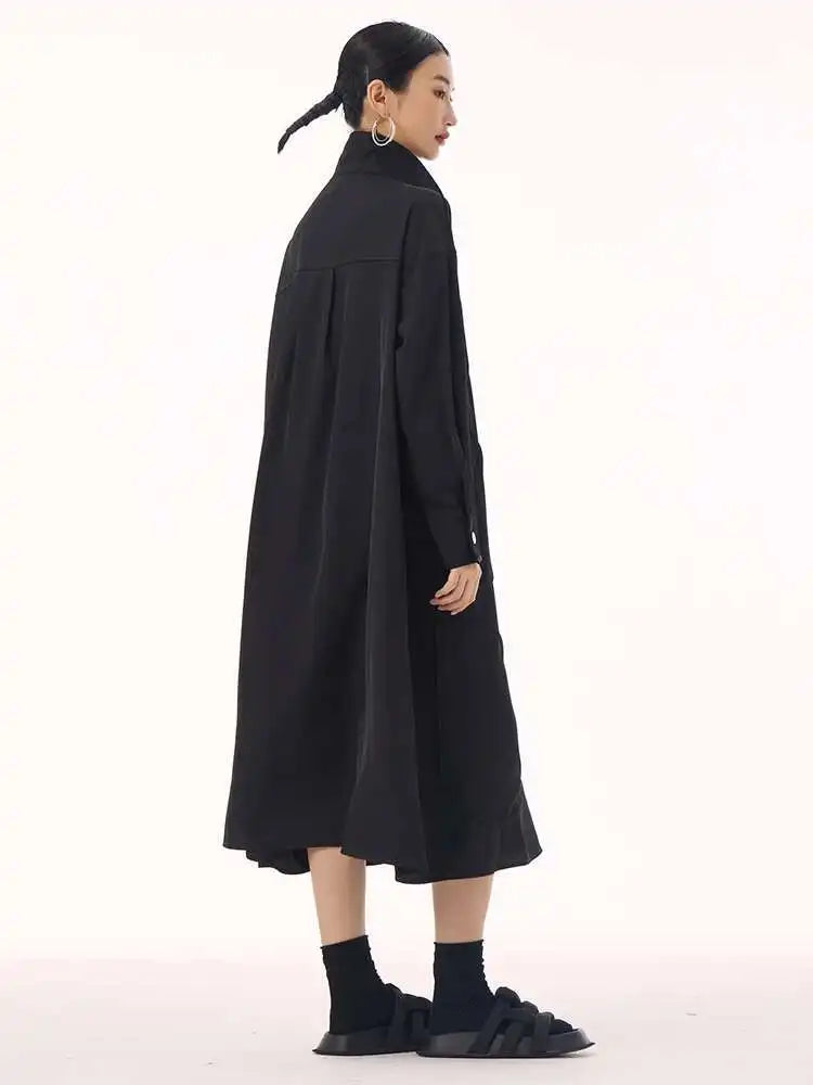 Women Army Green Patch Drawstring Big Size Midi Dress New Stand Collar Long Sleeve Fashion Tide Spring Autumn 2025 1DH9211