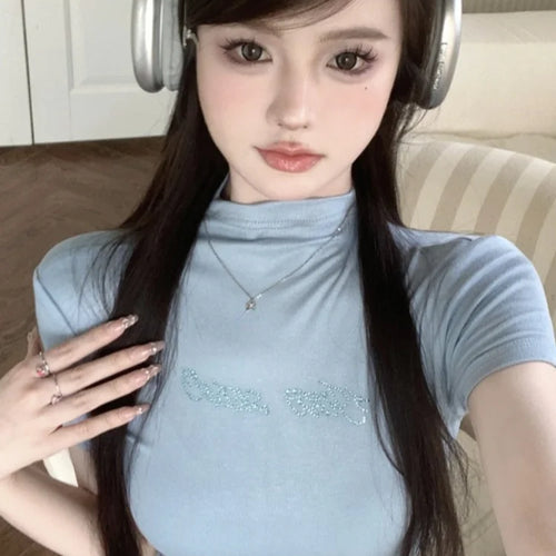 Load image into Gallery viewer, 2025 Letter Rhinestones Short Sleeve T-shirts Half High Collar Basic Vintage Cropped Tops Women Y2k Aesthetic Slim Harajuku Tees
