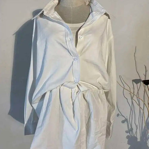 Load image into Gallery viewer, Women White Irregular Knot Split Big Size  Dress New Lapel Long Sleeve Loose Fit Fashion Spring Summer 2025 1X3420
