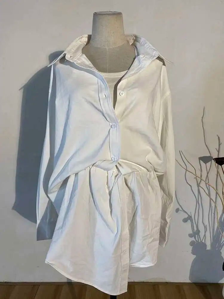 Women White Irregular Knot Split Big Size  Dress New Lapel Long Sleeve Loose Fit Fashion Spring Summer 2025 1X3420