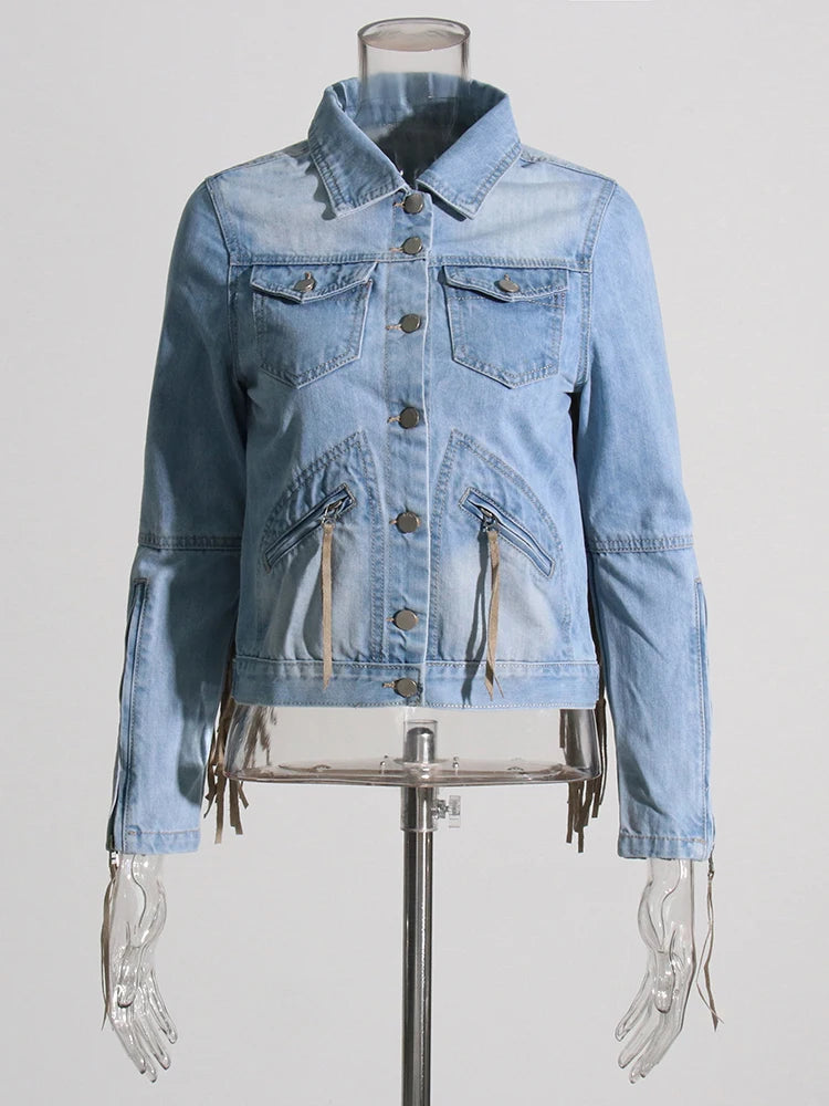 Denim Patchwork Tassel Jackets For Women Lapel Long Sleeve Single Breasted Vintage Jacket Female Fashion Clothes