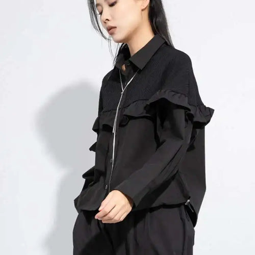 Load image into Gallery viewer, Women Black Ruffles Spliced Big Size Casual Blouse New Lapel Long Sleeve Shirt Fashion Tide Spring Autumn 2025 1DJ0476
