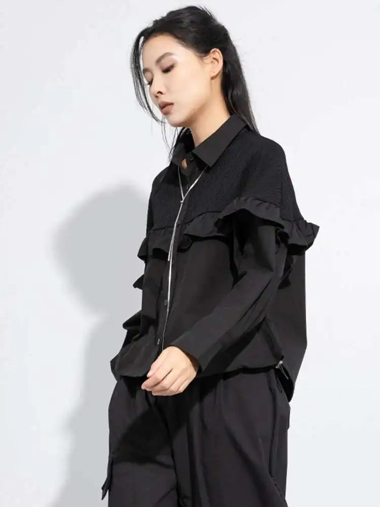 Women Black Ruffles Spliced Big Size Casual Blouse New Lapel Long Sleeve Shirt Fashion Tide Spring Autumn 2025 1DJ0476