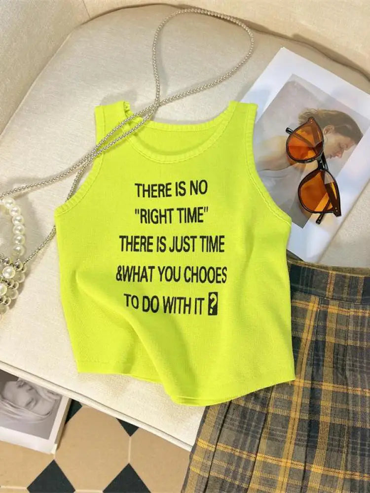 Summer Y2k White Letter Sleeveless Sexy Short Tank Top For Women Pink Yellow Vest Streetwear Clothing Casual Holiday Popular New