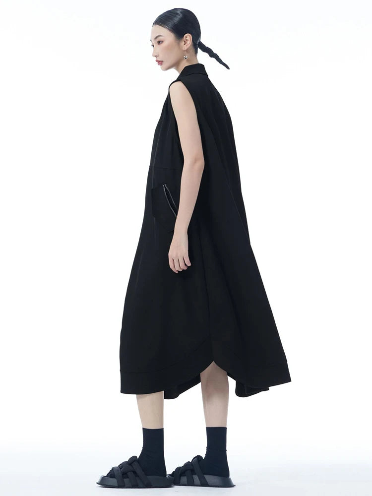 Women Dark Gray Zipper Pocket Big Size Midi Shirt Dress New Lapel Sleeveless Fashion Tide Spring Summer 2025 1DJ0950