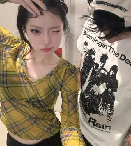 Fashion Plaid T Shirts for Women Long Sleeve O-neck Tunic Tees Y2k Tops Casual Korean Camisetas Gauze See Through Crop Tshirt