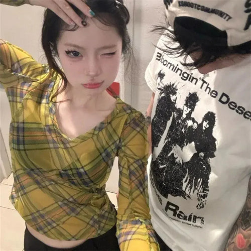 Load image into Gallery viewer, Fashion Plaid T Shirts for Women Long Sleeve O-neck Tunic Tees Y2k Tops Casual Korean Camisetas Gauze See Through Crop Tshirt
