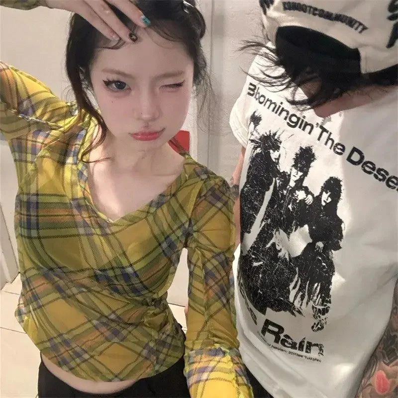 Fashion Plaid T Shirts for Women Long Sleeve O-neck Tunic Tees Y2k Tops Casual Korean Camisetas Gauze See Through Crop Tshirt