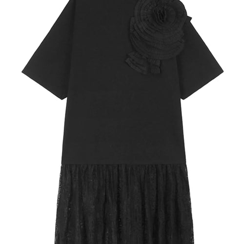 Load image into Gallery viewer, Women Black Three-dimensional Flower Lace Big Size Dress New Turtleneck Short Sleeve Fashion Spring Autumn 2025 1DH8218
