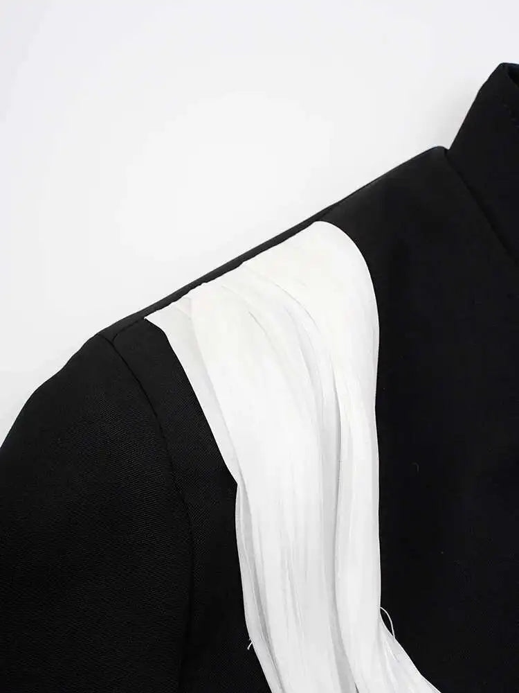 Women Black Ribbon Color-block Big Size Blazer New Stand Collar Long Sleeve Jacket Fashion Tide Spring Autumn 2025 CPG2037