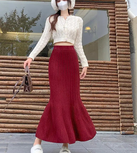 Vintage Women Solid High Waist Versatile Pleated A-line Long Skirt 2024 Autumn Winter French Sweet Knitted Fishtail Skirt Street
