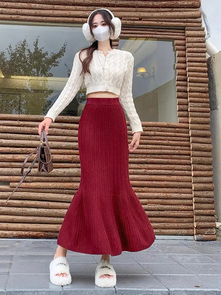 Vintage Women Solid High Waist Versatile Pleated A-line Long Skirt 2024 Autumn Winter French Sweet Knitted Fishtail Skirt Street