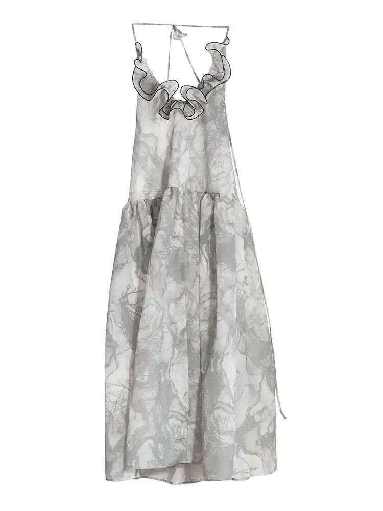 Women Gray Ruffled Backless Elegant Long Strapless Dress New Halter Sleeveless Fashion Tide Spring Autumn 2025 1DJ0014
