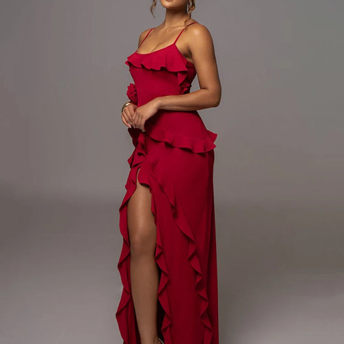 Load image into Gallery viewer, Elegant Ruffle Sexy Maxi Dress Women Spaghetti Strap Flower Sleeveless Backless High Split Club Party Evening Dress
