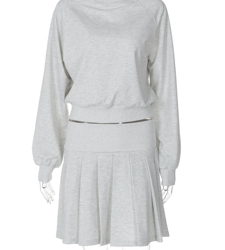 Fashion 2 Pcs Matching Sets Solid Long Sleeve Loose Sweatshirt Pleated Skirt Fall Women Y2K Clothes Streetwear Festival