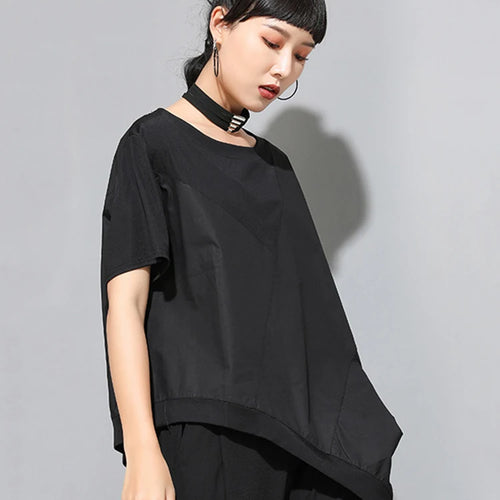 Load image into Gallery viewer, Women Black Irregular Hem Spliced Big Size T-shirt New Round Neck Short Sleeve Fashion Tide Spring Summer 2025 1DJ1765
