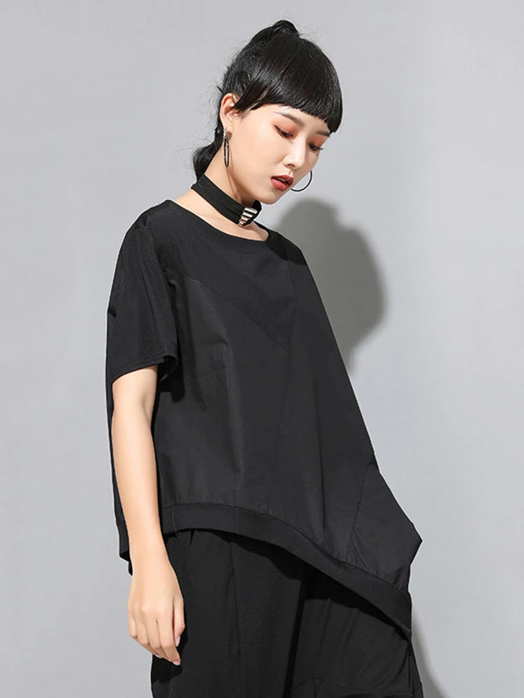 Women Black Irregular Hem Spliced Big Size T-shirt New Round Neck Short Sleeve Fashion Tide Spring Summer 2025 1DJ1765