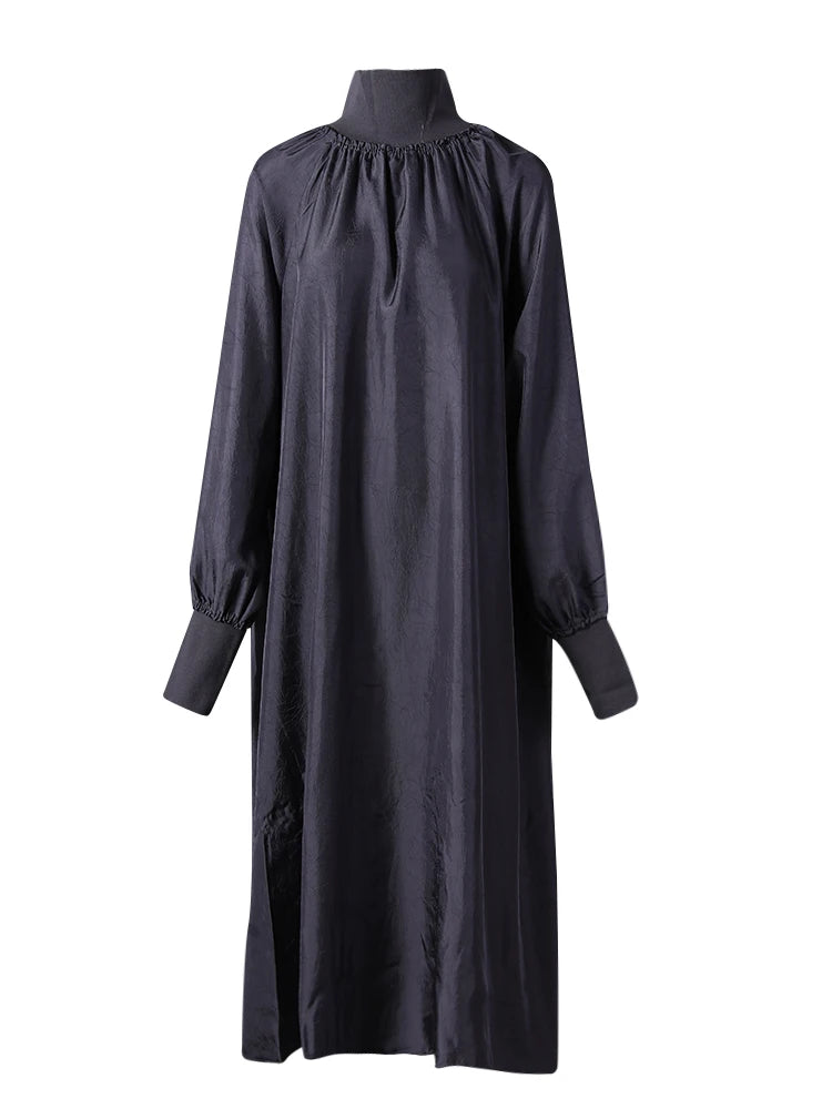 Women Gray Brief Long Big Size Elegant Dress New Turtleneck Long Sleeve Loose Fit Fashion Tide Spring Autumn 2025 1DH0252