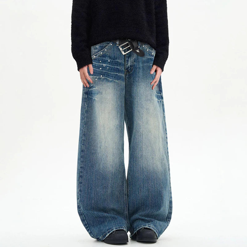 Men's Jeans American Rivet Lightning Denim Pants Solid Color Trendy Washed Straight Leg Stylish Menwear 2025 9W1476