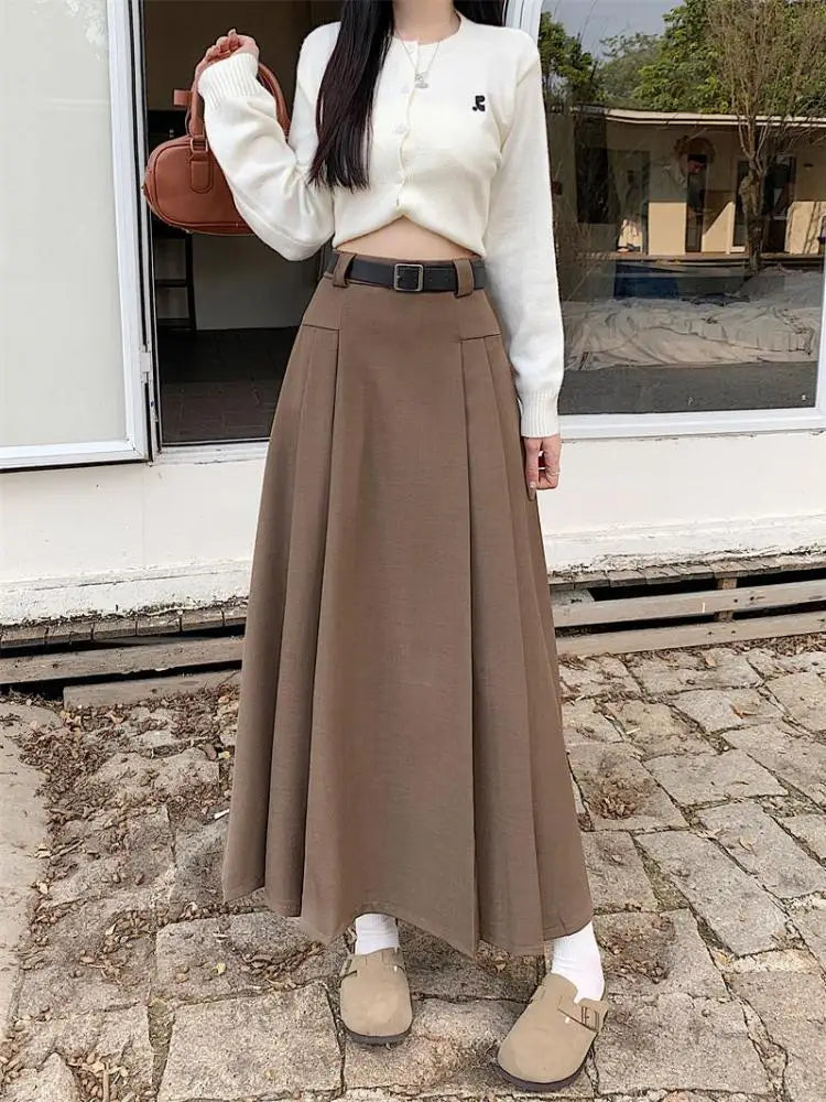 French Vintage Women Black Grey Elegant A-line Long Skirt 2024 New Autumn Winter Brown Versatile Pleated Skirt Streetwear simple