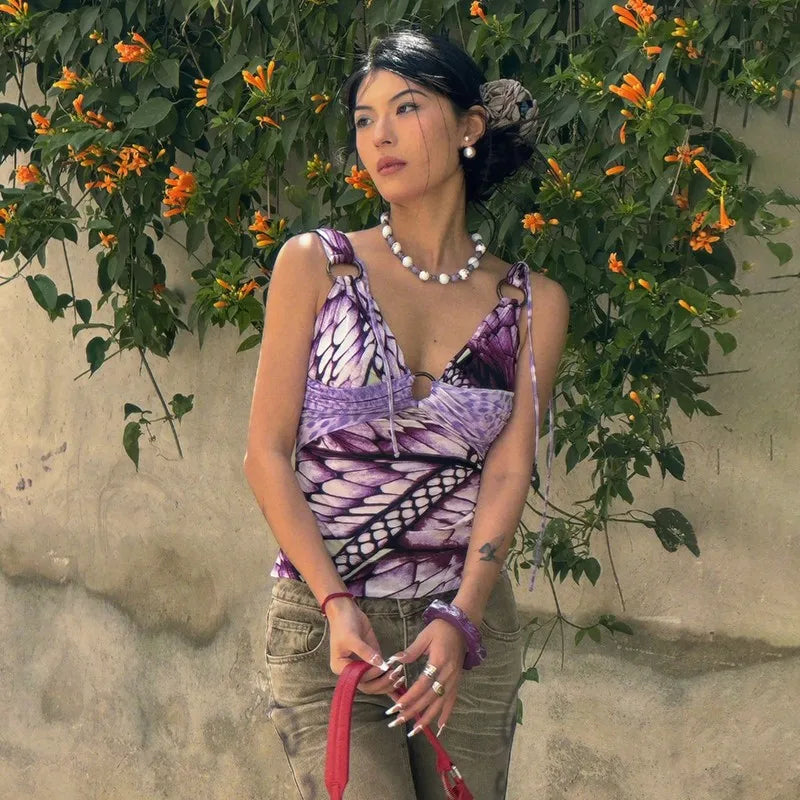 Japanese Y2k Purple Camisole Trashy 2000s V-neck Tank Top Grunge Aesthetics Backless Crop Top Vintage Harajuku Camis Top