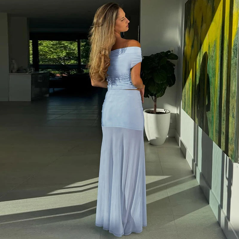 Blue Mesh Sexy Skirt Two Piece Sets Women Strapless Crop Tops And Maxi Skirt Ladies Fashion Elegant 2 Piece Sets