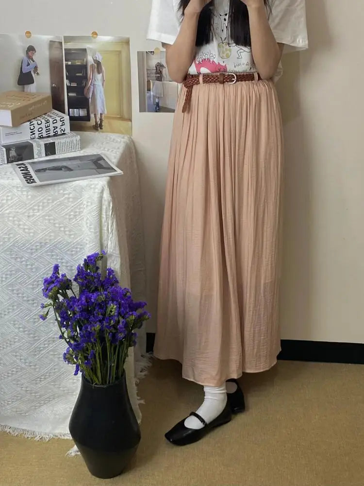 Spring Summer New Solid Elegant Vacation Party Pleated Skirt Women's French Fashion Elastic Waist Office Long Skirt Trend Simple