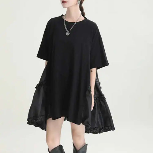 Load image into Gallery viewer, Women Black Ruffles Irregular Big Size Mini Dress New Round Neck Short Sleeve Fashion Tide Spring Summer 2025 1DH9574
