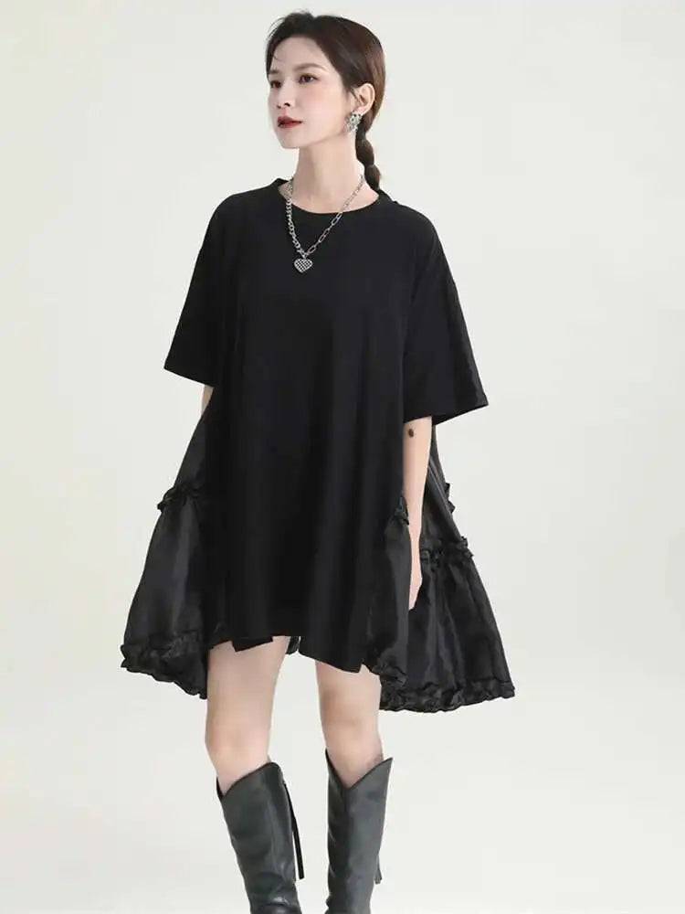 Women Black Ruffles Irregular Big Size Mini Dress New Round Neck Short Sleeve Fashion Tide Spring Summer 2025 1DH9574