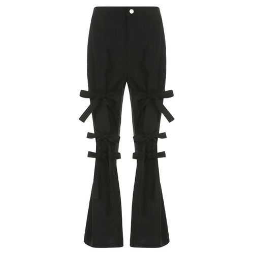 Load image into Gallery viewer, Harajuku Bandage Black Flare Pants Chic Design Lace Up Bow Female Trousers Full Length Gothic Casual Sweatpants
