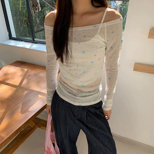 Load image into Gallery viewer, Ropa Mujer Fashion Tshirts Outfits Long Sleeve Print Slash Neck T Shirts Tunic Vest Suit Sexy Summer See Throught Y2k Tops
