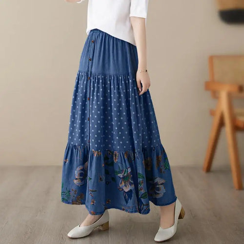 Load image into Gallery viewer, Casual Vintage Denim Skirt Floral Print A-line Pleated Long Skirts Summer Women Elegant Holiday Clothes Elastic Waist Midi Skirt
