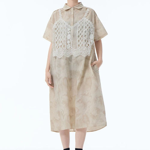 Load image into Gallery viewer, Women Black Striped Lace Spliced Big Size Midi Shirt Dress New Lapel Short Sleeve Fashion Tide Spring Summer 2025 1DJ1257
