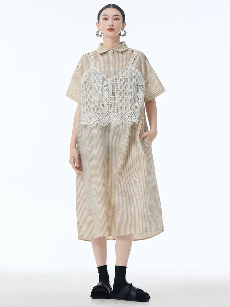 Women Black Striped Lace Spliced Big Size Midi Shirt Dress New Lapel Short Sleeve Fashion Tide Spring Summer 2025 1DJ1257