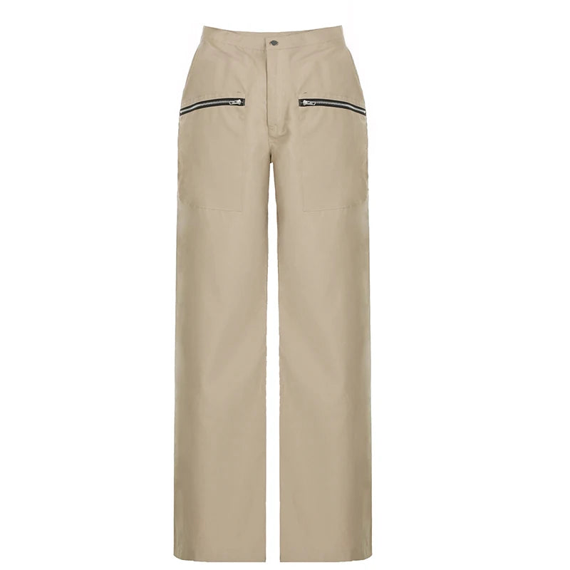 Streetwear Zipper Straight Leg Female Trousers Solid Harajuku Retro Solid Baggy Suit Pants Low Waist Sweatpants