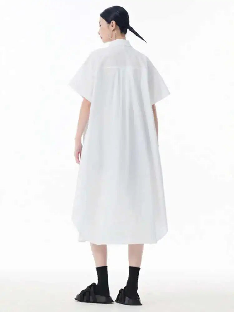 Women White Mesh Color-block Big Size Midi Shirt Dress New Lapel Short Sleeve Fashion Tide Spring Summer 2025 1DJ0003