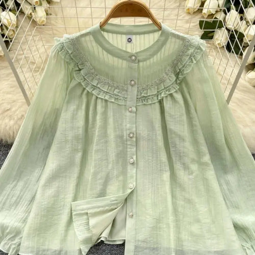 Load image into Gallery viewer, Vintage Sweet Solid Elegant Ruffle Edge Lace Tops Women Autumn New Round Neck Versatile Long Sleeved Single Breasted Shirt Trend
