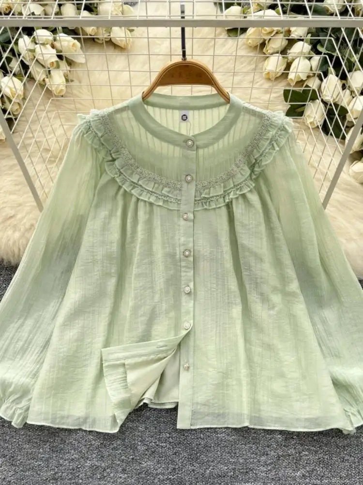 Vintage Sweet Solid Elegant Ruffle Edge Lace Tops Women Autumn New Round Neck Versatile Long Sleeved Single Breasted Shirt Trend