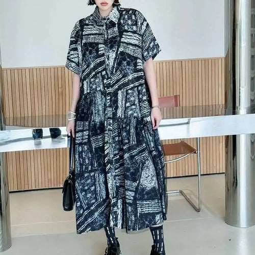 Load image into Gallery viewer, Women Black Pattern Printed Big Size Mesh Midi Shirt Dress New Lapel Short Sleeve Fashion Tide Spring Summer 2025 1DJ0636
