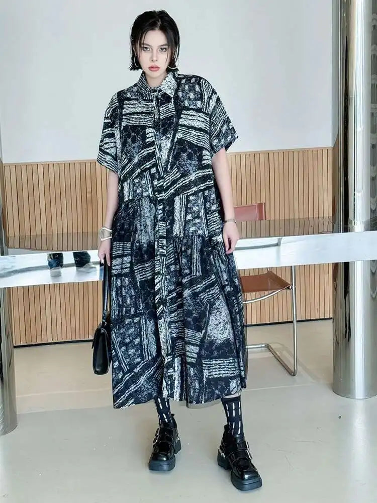 Women Black Pattern Printed Big Size Mesh Midi Shirt Dress New Lapel Short Sleeve Fashion Tide Spring Summer 2025 1DJ0636