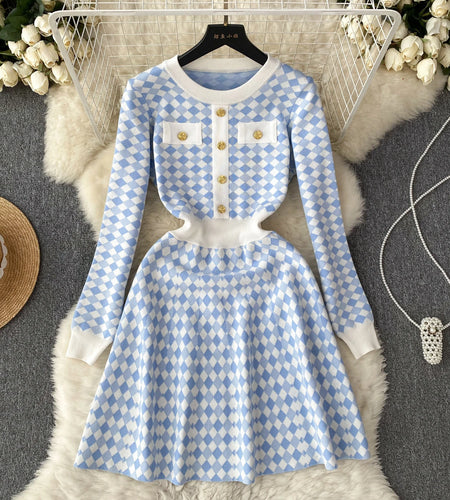 Korean Style Plaid Dress O Neck Button Long Sleeves 2023 Autumn Female Fashion Chic Sweet Knitted A Line Sweater Dress Winter